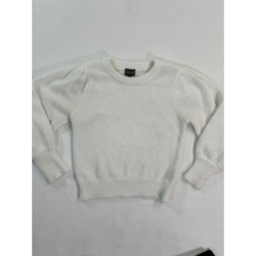 MAJOR LABEL GROUP Fuzzy Knit Sweater Puff Sleeve Crew Neck White Size M